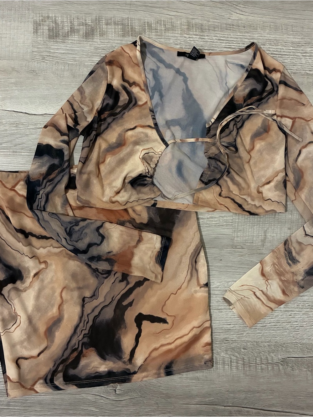 matching marble print crop top and skirt set